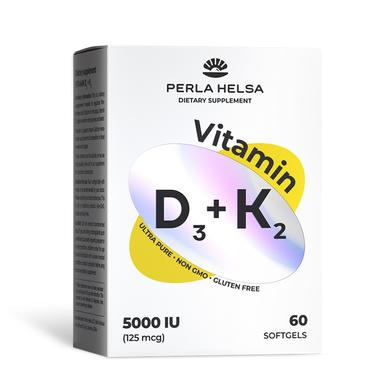Витамин D3+K2, Vitamin D3+K2 MATCH, Perla Helsa, 5000 IU + 75 mcg, 60 капсул - фото