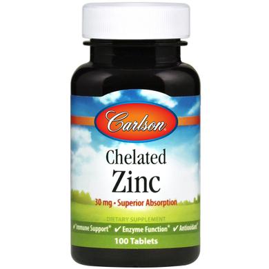 Цинк, Chelated Zinc, Carlson Labs, 30 мг, 100 таблеток - фото