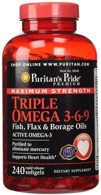 Омега 3-6-9, льняное и огуречное масло, Omega 3-6-9 Fish Oil, Puritan's Pride, тройная сила, 240 капсул - фото