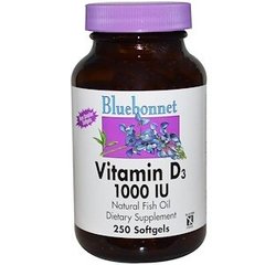 Вітамін Д3, Vitamin D3, Bluebonnet Nutrition, 1000 МО, 250 капсул - фото