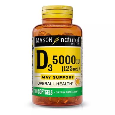 Витамин D3 5000 МЕ, Vitamin D3, Mason Natural, 100 гелевых капсул - фото