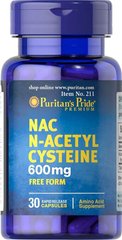 Ацетилцистеин, N-Acetyl Cysteine (NAC), Puritan's Pride, 600 мг, 30 капсул - фото
