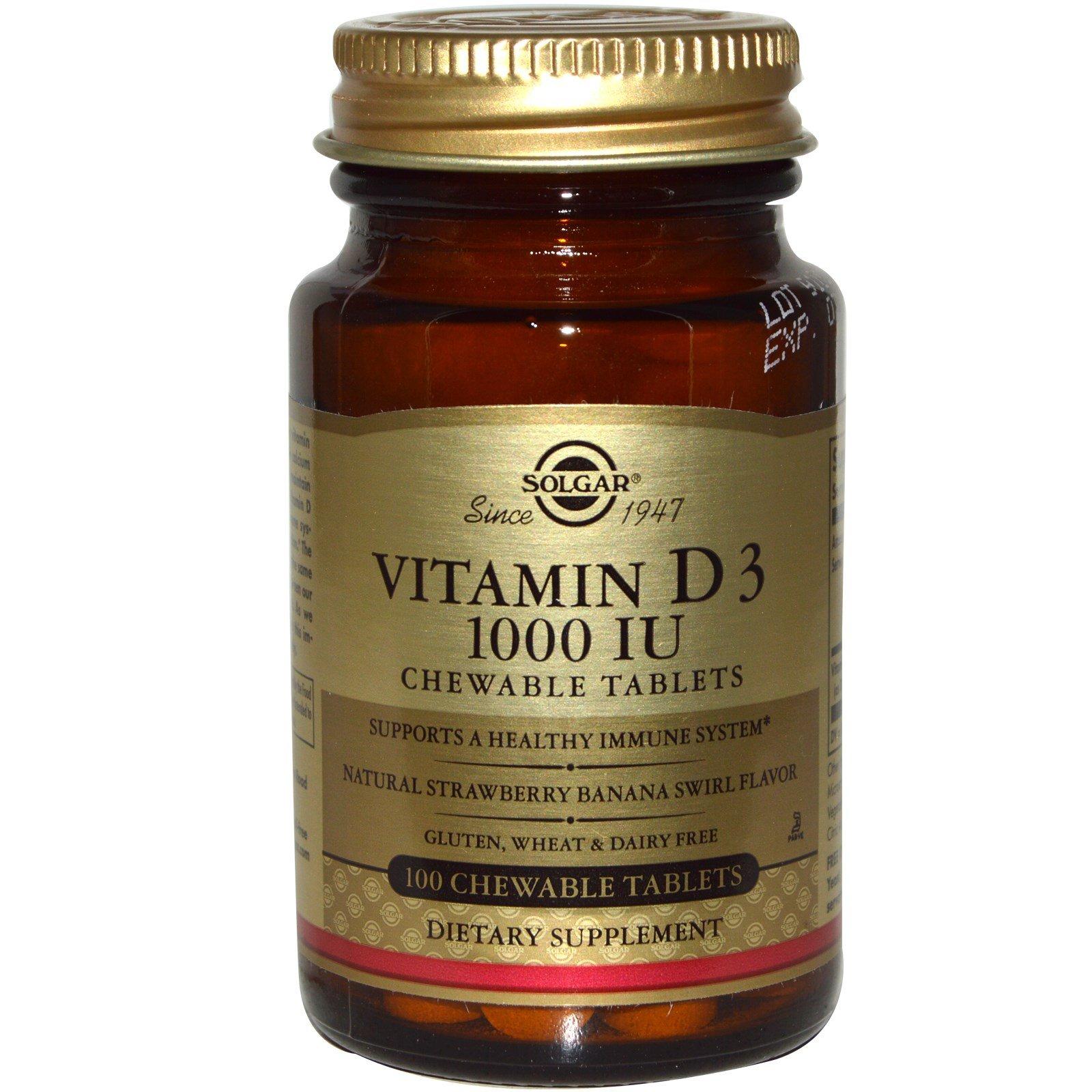 Витамин D3, Vitamin D3, Solgar, клубника/банан, 1000 МЕ, 100 .