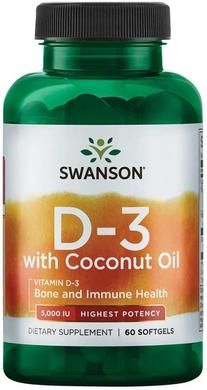 Ультра-мощный витамин D-3 с кокосовым маслом, Swanson, 5000 МЕ, 60 гелевых капсул - фото