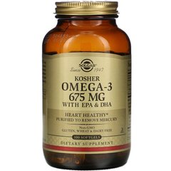 Омега-3, Kosher Omega-3, Solgar, кошерний, 675 мг, 100 гелевих капсул - фото