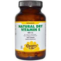 Витамин Е, Dry Vitamin E, Country Life, 400 МЕ, 100 таблеток - фото