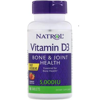 Витамин Д3, Vitamin D3 Fast Dissolve, Strawberry Flavor, Natrol, вкус клубники, 5000 МЕ, 90 таблеток - фото
