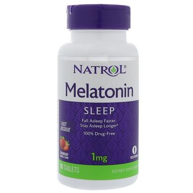 Мелатонин быстрого высвобождения (вкус клубники), Melatonin, Natrol, 1 мг, 90 таблеток - фото
