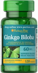 Гинкго Билоба экстракт, Ginkgo Biloba Standardized Extract, Puritan's Pride, 60 мг, 120 таблеток - фото