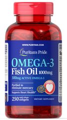 Омега-3 рыбий жир, Omega-3 Fish Oil, Puritan's Pride, 1000 мг, 300 мг активного, 250 капсул - фото