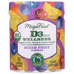 Вітамін D3, Wellness, MegaFood, смак фруктів, 1000 МО, 90 желейних цукерок - фото