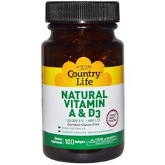 Витамины А и Д, Vitamin A & D3, Country Life, 10000 МЕ / 400 МЕ, 100 капсул - фото