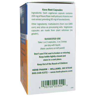 Кава (перец опьяняющий), 200 мг, Herb Pharm, 60 растительных капсул - фото