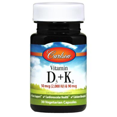 Вітамін Д3 і К2, Vitamin D3 + K2, Carlson Labs, 30 капсул - фото