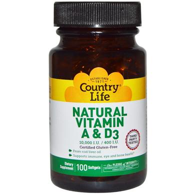 Вітаміни А і Д, Vitamin A & D3, Country Life, 10000 МО / 400 МО, 100 капсул - фото