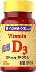 Вітамін Д3, Vitamin D3, Piping Rock, 10 000 IU, 100 гелевих капсул - фото