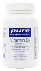 Вітамін D3, Vitamin D3, Pure Encapsulations, 1,000 МО, 250 капсул - фото