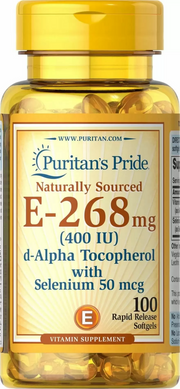 Вітамін Е з селеном, Vitamin E, Puritan's Pride, 400 МО, натуральний, 100 гелевих капсул - фото