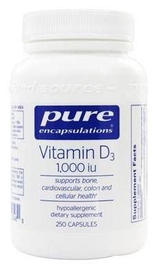 Витамин D3, Vitamin D3, Pure Encapsulations, 1,000 МЕ, 250 капсул - фото