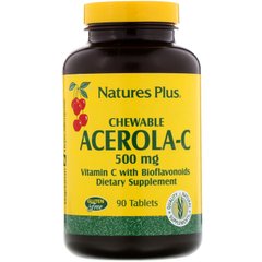 Вітамін С жувальний (ацерола-с), Chewable Acerola-C, Nature's Plus, з біофлавоноїдами, 500 мг, 90 таблеток - фото