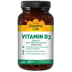 Вітамін Д3 (холекальциферол), Vitamin D3, Country Life, 5000 МО, 200 капсул - фото