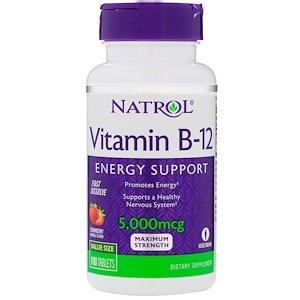 Витамин В12, вкус клубники, Vitamin B-12, Natrol, 5000 мкг, 100 таблеток - фото