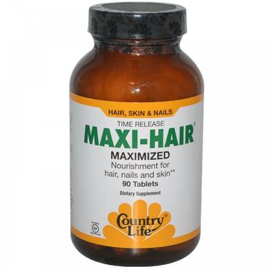 Витамины для волос, Maxi-Hair, Country Life, без глютена, 90 таблеток - фото