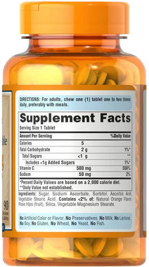 Витамин С с шиповником, Vitamin C, Puritan's Pride, вкус апельсина, 500 мг, 90 жевательных таблеток - фото