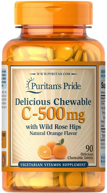 Витамин С с шиповником, Vitamin C, Puritan's Pride, вкус апельсина, 500 мг, 90 жевательных таблеток - фото