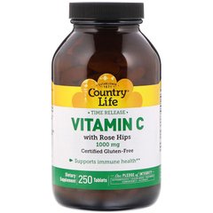 Витамин С + шиповник, Vitamin C, Country Life, 1000 мг, 250 таблеток - фото