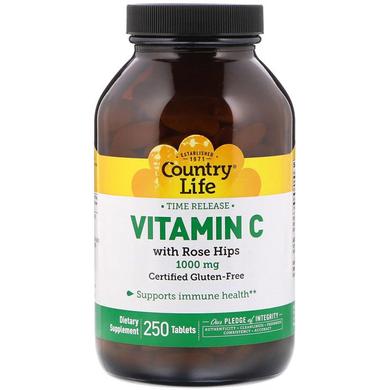 Витамин С + шиповник, Vitamin C, Country Life, 1000 мг, 250 таблеток - фото