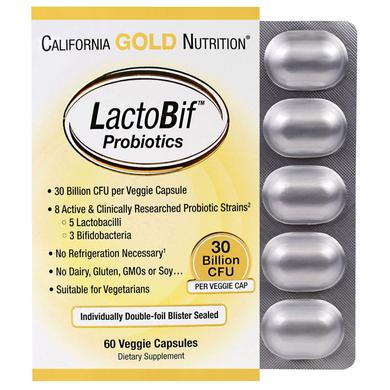 Пробиотики, California Gold Nutrition LactoBif, 30 млд, 60 капсул - фото