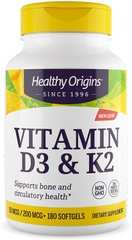 Вітамін Д3 і К2, Vitamin D3 + K2, Healthy Origins, 50 мкг/200 мкг, 180 гелевих капсул - фото