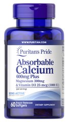 Кальций плюс магний и витамин Д3, Absorbable Calcium plus Magnesium with Vitamin D3, Puritan's Pride, 600 мг/300 мг/1000 МЕ, 60 капсул - фото