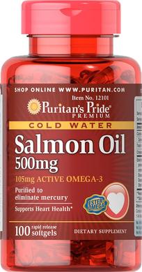 Жир лосося Омега-3, Omega-3 Salmon Oil, Puritan's Pride, 500 мг (105 мг активного омега-3), 100 капсул - фото