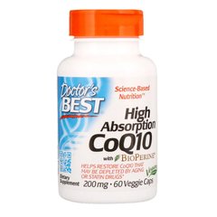 Коэнзим Q10, CoQ10 with BioPerine, Doctor's Best, биоперин, 200 мг, 60 вегетарианских капсул - фото
