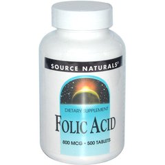 Фолиевая кислота, Folic Acid, Source Naturals, 800 мкг, 500 таблеток - фото