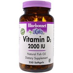 Витамин Д3, Vitamin D3, Bluebonnet Nutrition, 2000 МЕ, 250 капсул - фото