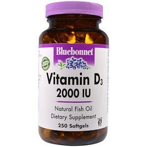 Вітамін Д3, Vitamin D3, Bluebonnet Nutrition, 2000 МО, 250 капсул - фото