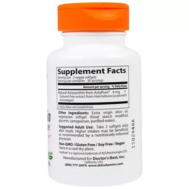 Астаксантин, Astaxanthin AstaPure, Doctor's Best, 6 мг, 30 капсул - фото