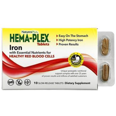 Комплекс для підтримки оптимального здоров'я крові, Nature's Plus, Hema-Plex, 10 вегетаріанських таблеток тривалого вивільнення - фото