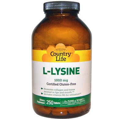 Лізин, L-Lysine, Country Life, 1000 мг, 250 таблеток - фото