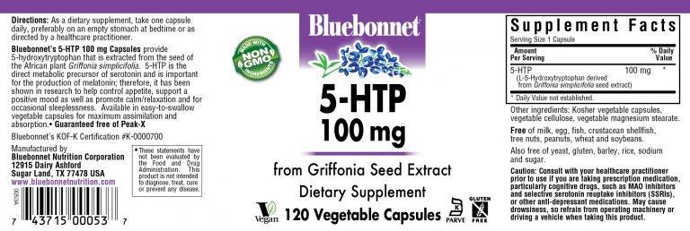 5-HTP (Гидрокситриптофан), 100 мг, Bluebonnet Nutrition, 120 капсул - фото